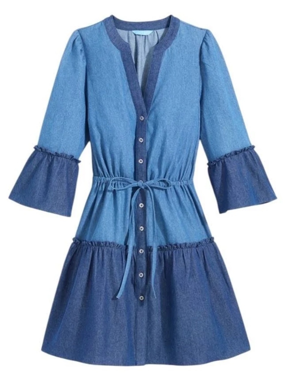 NWT Draper James Avery Shirtdress Chambray Medium Wash Bell Sleeve Tie Waist XS